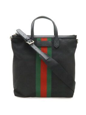Gucci Web Stripe Sherry Line Tote 2-Way Shoulder Bag Nylon Canvas Black